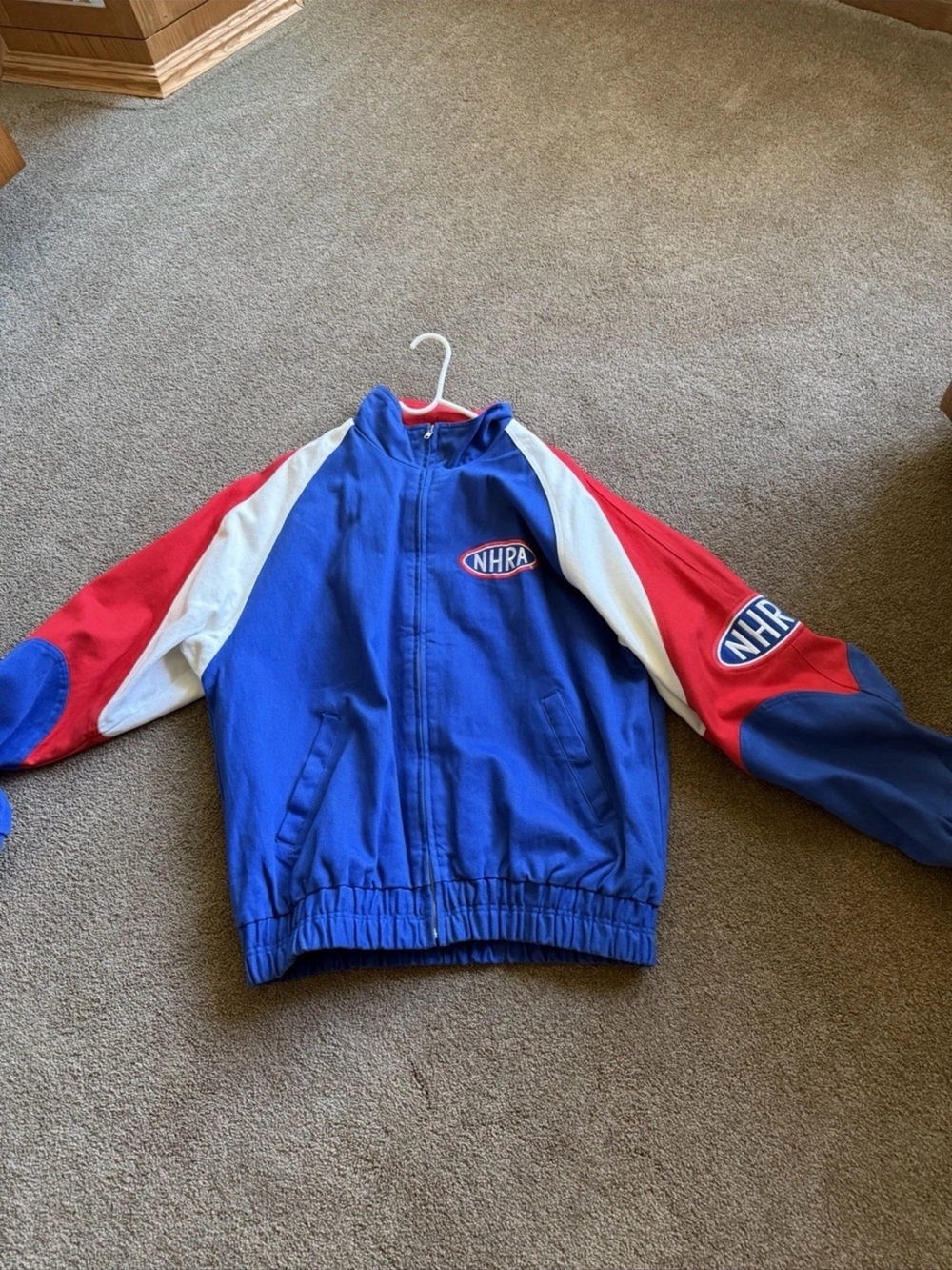 Men’s Blue, Red & White Racing-Style Bomber Jacket